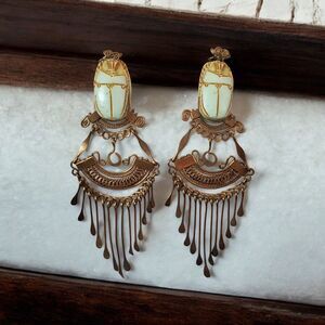 Antique Egyptian Clip On Earrings Handmade Filigree Tassel Hand Carved Insect